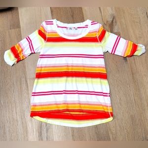 Life Etc Pretty Orange Yellow Pink Striped Top w/ 3/4 Ruched Sleeve  XL BIN J